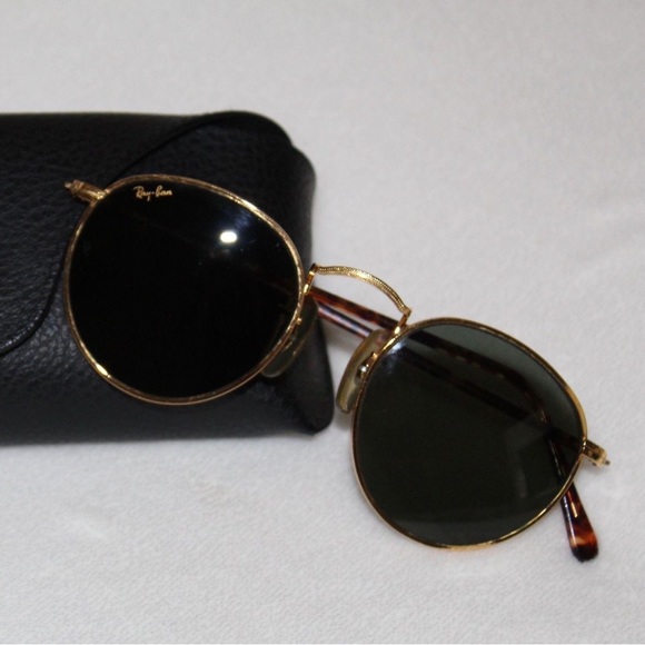 Vintage B&L Sunglasses Round Metal Gold / Black - Picture 2 of 4